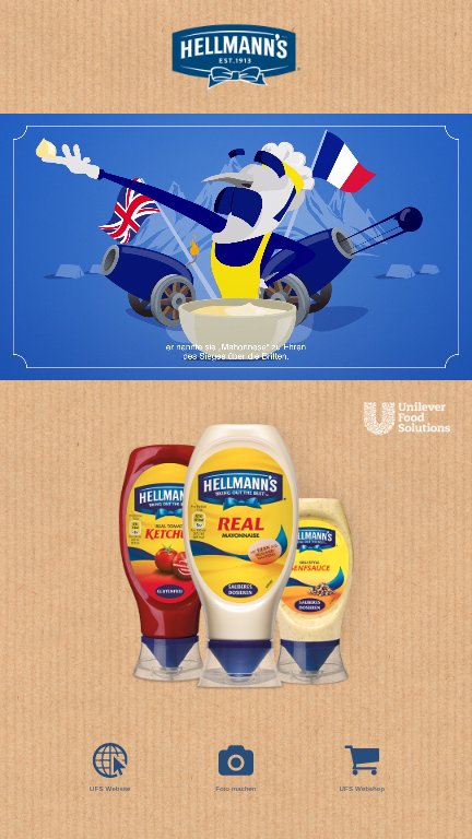 Für einen Hellmann's Messetand wurde der Startscreen mit einem Video in Dauerschleife bestückt. Über die Schaltflächen lassen sich die Fotofunktion und der Webshop aufrufen